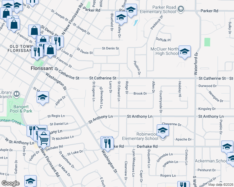 map of restaurants, bars, coffee shops, grocery stores, and more near 470 Saint Edward Lane in Florissant