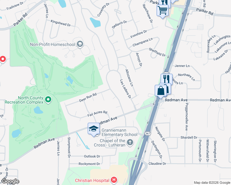 map of restaurants, bars, coffee shops, grocery stores, and more near 11550 Fox Hall Lane in Florissant