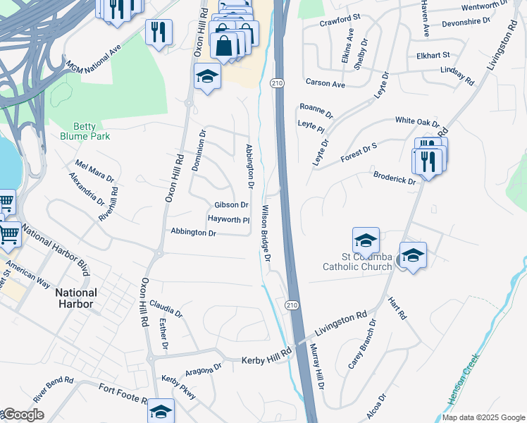 map of restaurants, bars, coffee shops, grocery stores, and more near 554 Wilson Bridge Drive in Oxon Hill