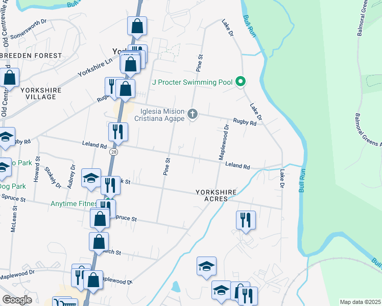 map of restaurants, bars, coffee shops, grocery stores, and more near 8016 Leland Road in Manassas