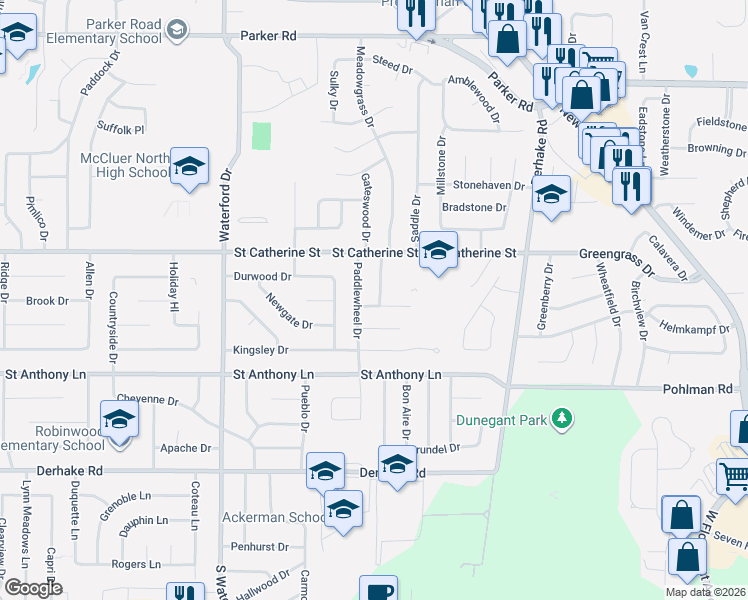 map of restaurants, bars, coffee shops, grocery stores, and more near 490 Paddlewheel Drive in Florissant