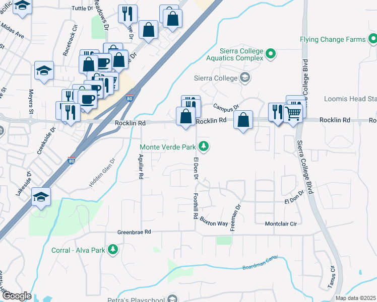map of restaurants, bars, coffee shops, grocery stores, and more near 4705 Wildflower Lane in Rocklin