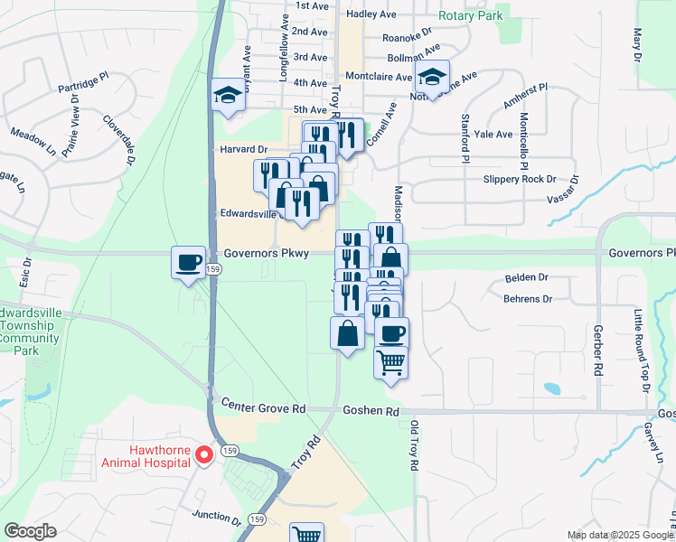 map of restaurants, bars, coffee shops, grocery stores, and more near 2120 Troy Road in Edwardsville