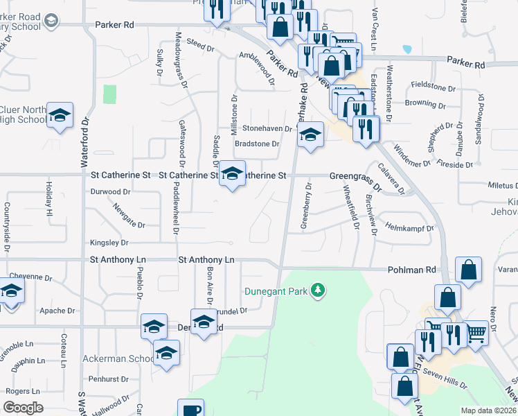 map of restaurants, bars, coffee shops, grocery stores, and more near 3500 Saint Catherine Street in Florissant