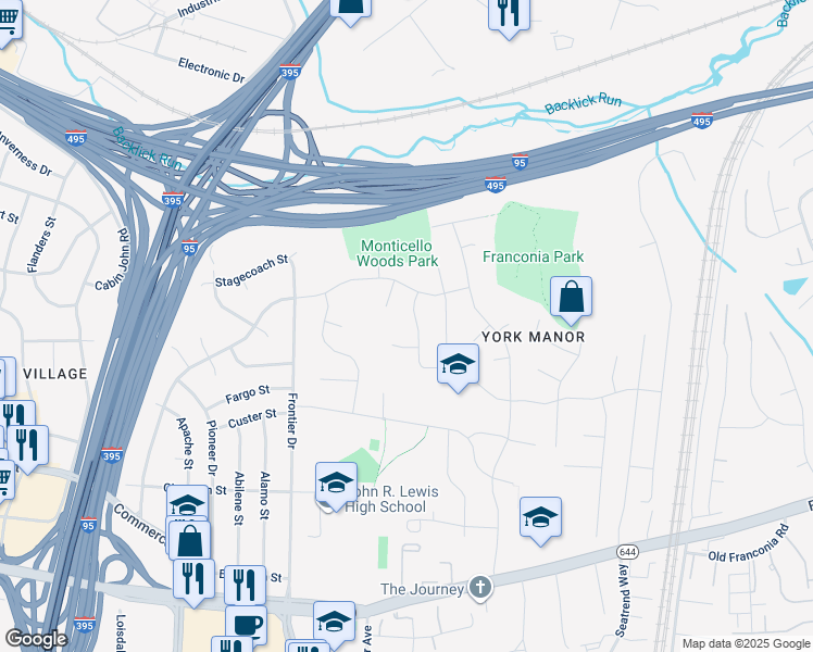 map of restaurants, bars, coffee shops, grocery stores, and more near 6008 Meriwether Lane in Springfield