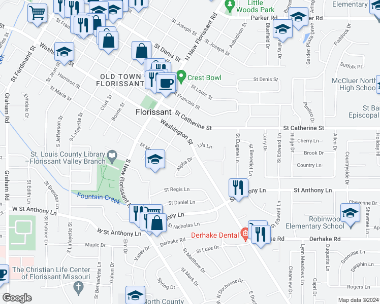 map of restaurants, bars, coffee shops, grocery stores, and more near 1420 Washington Street in Florissant