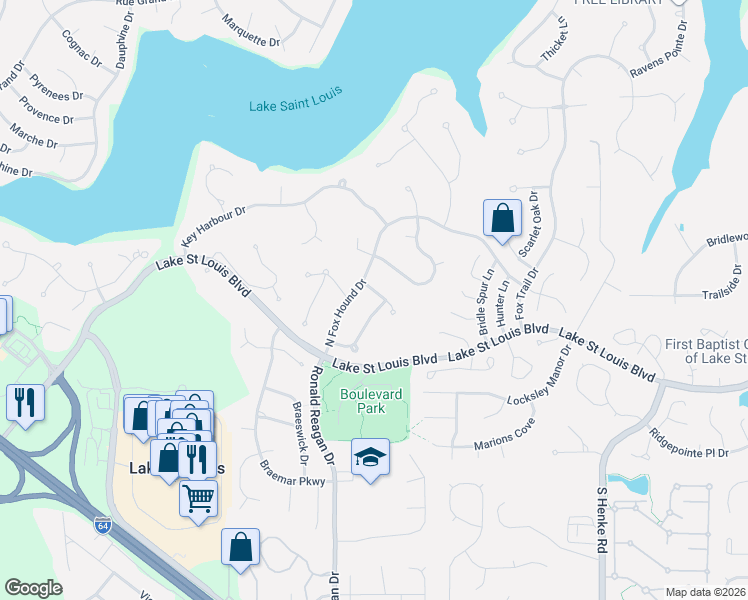 map of restaurants, bars, coffee shops, grocery stores, and more near 203 Oceanis Drive in Lake Saint Louis
