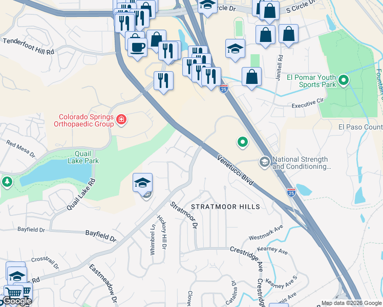 map of restaurants, bars, coffee shops, grocery stores, and more near 3263 Atrium Point in Colorado Springs