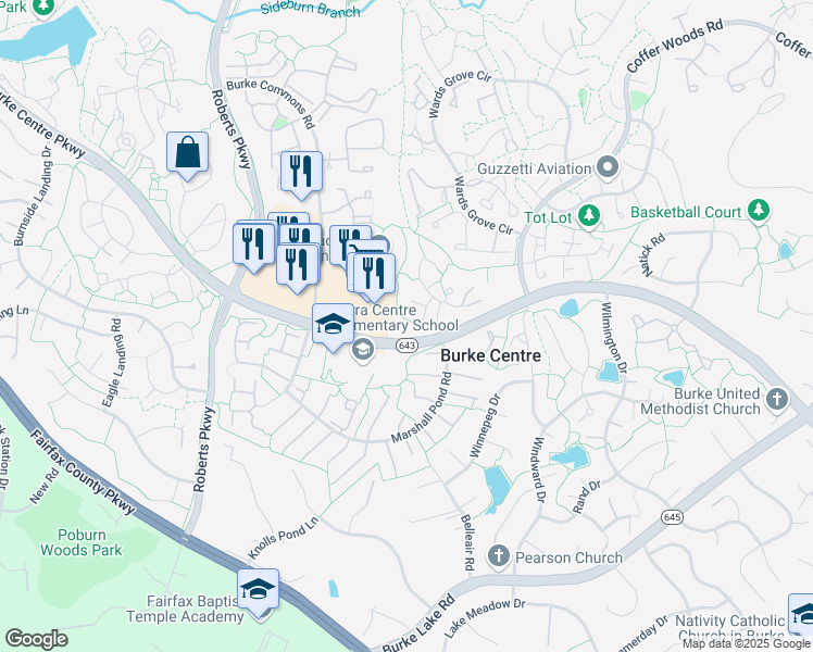map of restaurants, bars, coffee shops, grocery stores, and more near 6058 Park Woods Terrace in Burke