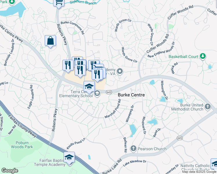 map of restaurants, bars, coffee shops, grocery stores, and more near 6058 Park Woods Terrace in Burke