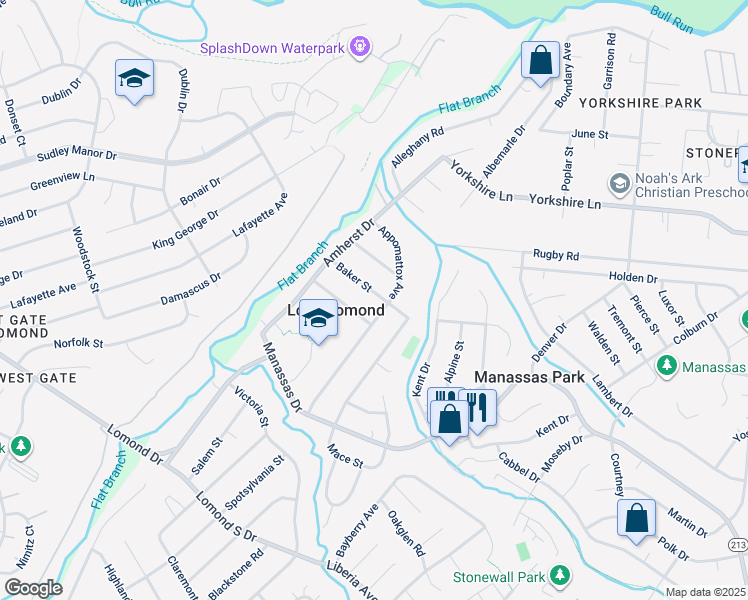 map of restaurants, bars, coffee shops, grocery stores, and more near 9303 Baker Street in Manassas