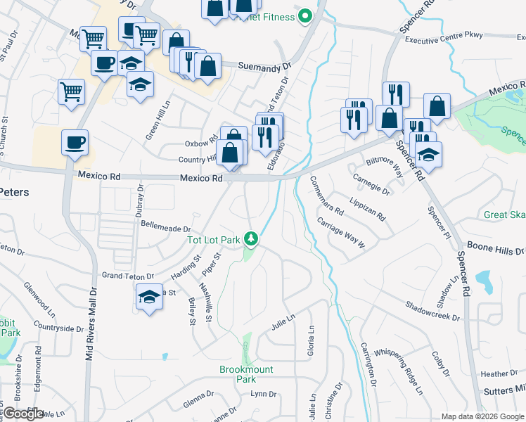map of restaurants, bars, coffee shops, grocery stores, and more near 102 Angie Drive in St. Peters