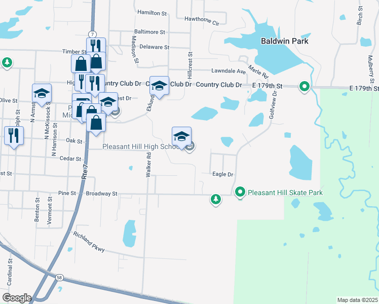 map of restaurants, bars, coffee shops, grocery stores, and more near 1 Rooster Way in Pleasant Hill