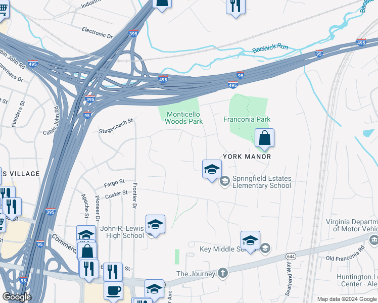 map of restaurants, bars, coffee shops, grocery stores, and more near 6008 Meriwether Lane in Springfield