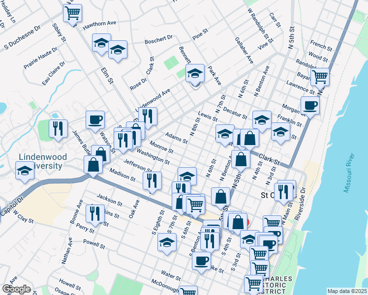 map of restaurants, bars, coffee shops, grocery stores, and more near 351 North 8th Street in St. Charles