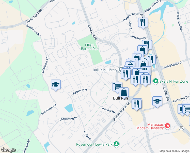 map of restaurants, bars, coffee shops, grocery stores, and more near 10816 Campaign Court in Manassas