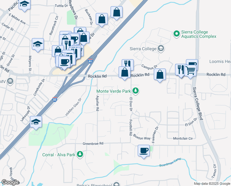 map of restaurants, bars, coffee shops, grocery stores, and more near 5400 Lagoon Court in Rocklin