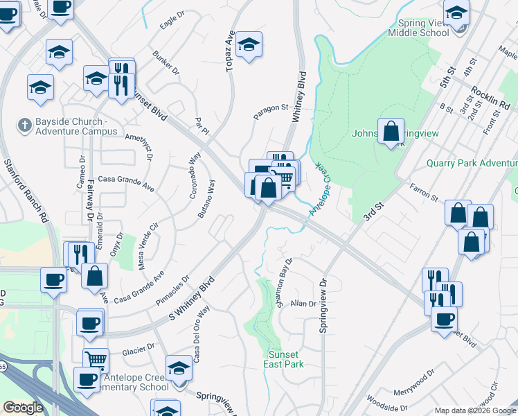 map of restaurants, bars, coffee shops, grocery stores, and more near 2995 South Whitney Boulevard in Rocklin