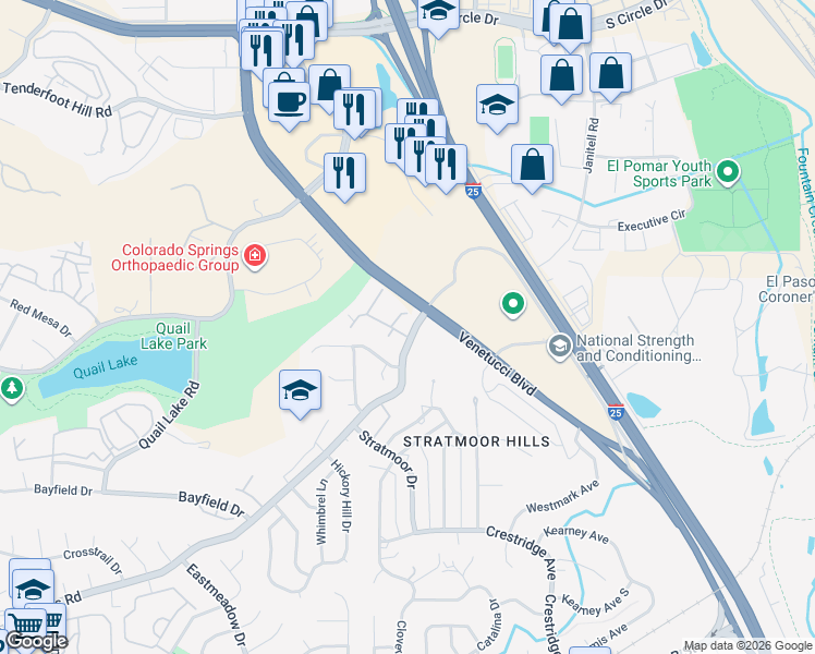 map of restaurants, bars, coffee shops, grocery stores, and more near 3294 Atrium Point in Colorado Springs
