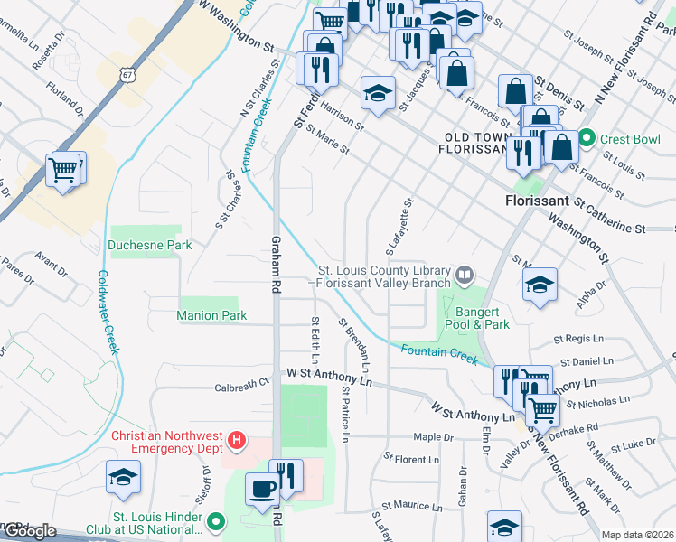 map of restaurants, bars, coffee shops, grocery stores, and more near 400 South Saint Jacques Street in Florissant