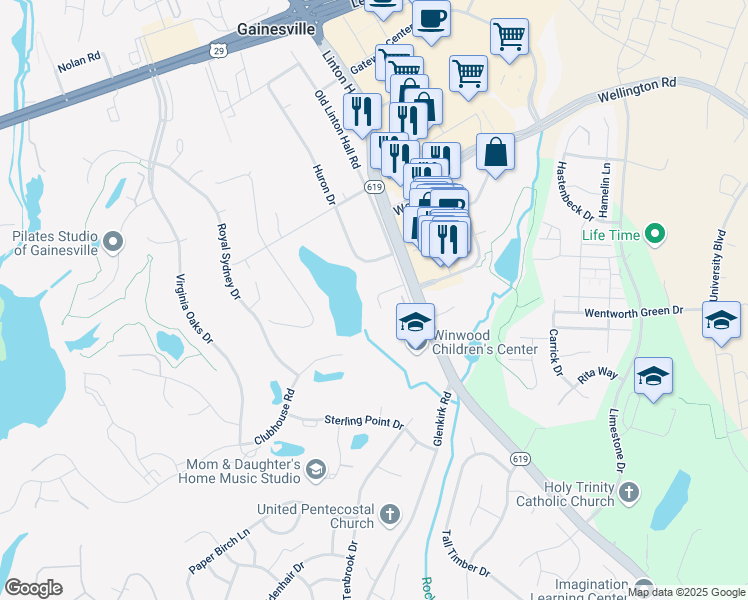 map of restaurants, bars, coffee shops, grocery stores, and more near 14020 Erie Court in Gainesville