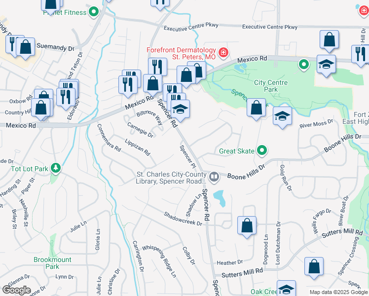 map of restaurants, bars, coffee shops, grocery stores, and more near 1104 Holly Springs Trail in St. Peters