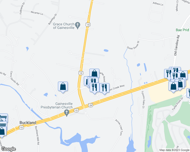 map of restaurants, bars, coffee shops, grocery stores, and more near 7718 Cedar Branch Drive in Gainesville