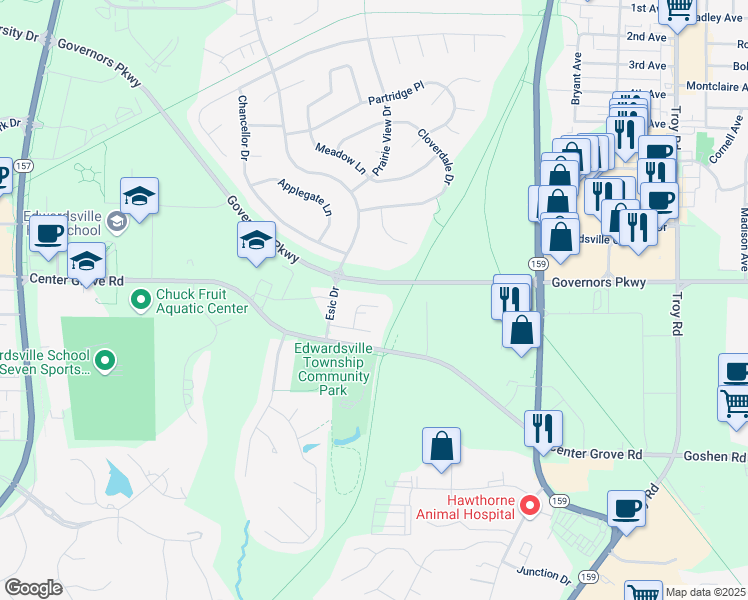 map of restaurants, bars, coffee shops, grocery stores, and more near 247 Parkview Court in Edwardsville