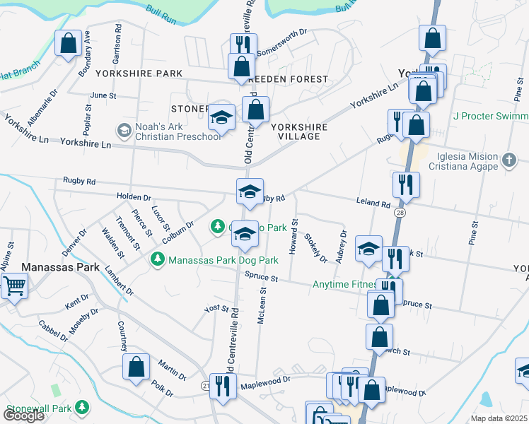 map of restaurants, bars, coffee shops, grocery stores, and more near 7802 McLean Street in Manassas