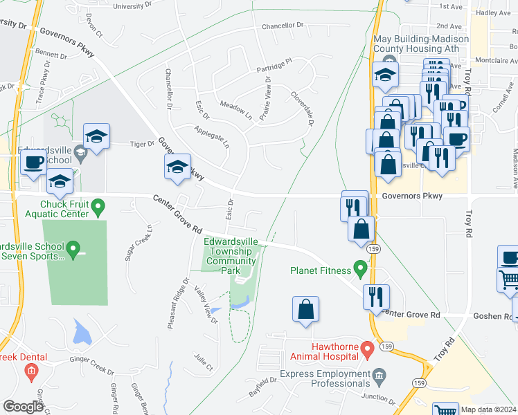 map of restaurants, bars, coffee shops, grocery stores, and more near 249 Parkview Court in Edwardsville