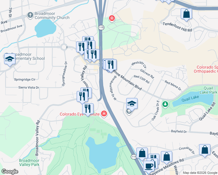 map of restaurants, bars, coffee shops, grocery stores, and more near 3166 Breckenridge Drive West in Colorado Springs
