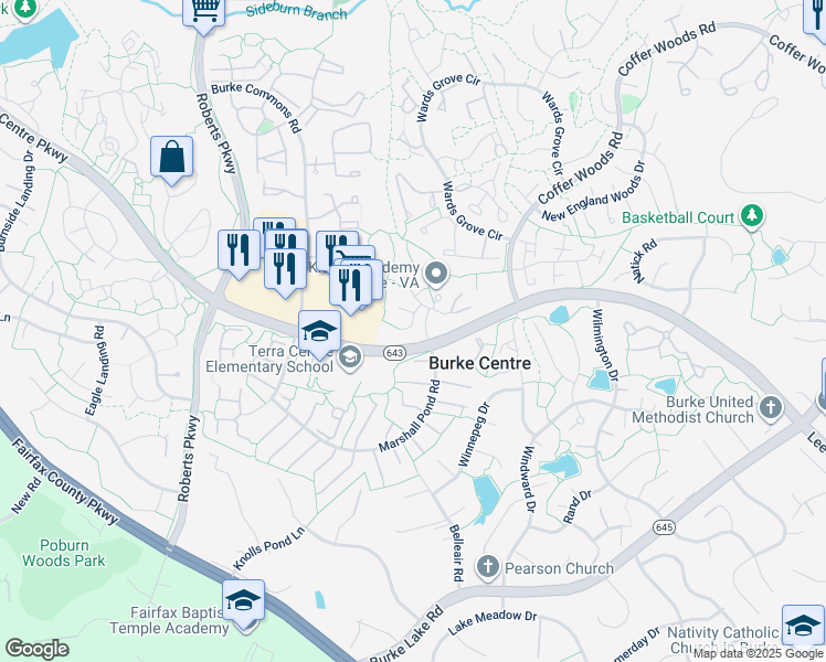 map of restaurants, bars, coffee shops, grocery stores, and more near 6051 Park Woods Terrace in Burke