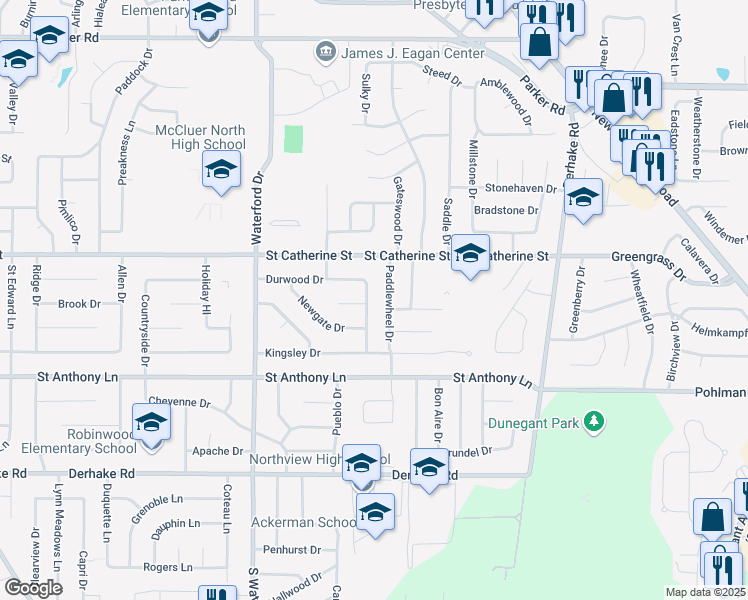 map of restaurants, bars, coffee shops, grocery stores, and more near 500 Durwood Drive in Florissant