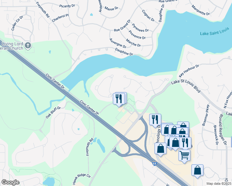 map of restaurants, bars, coffee shops, grocery stores, and more near 24 Park Hill Circle in Lake Saint Louis