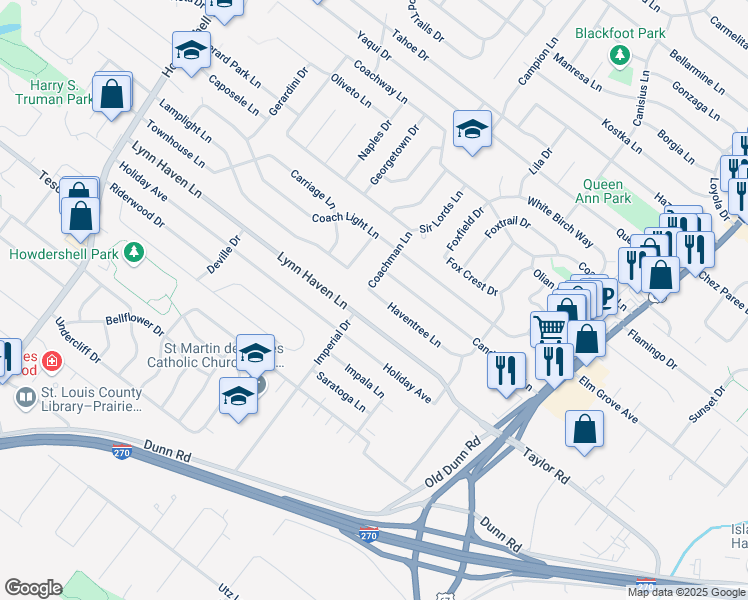 map of restaurants, bars, coffee shops, grocery stores, and more near 584 Haventree Lane in Hazelwood