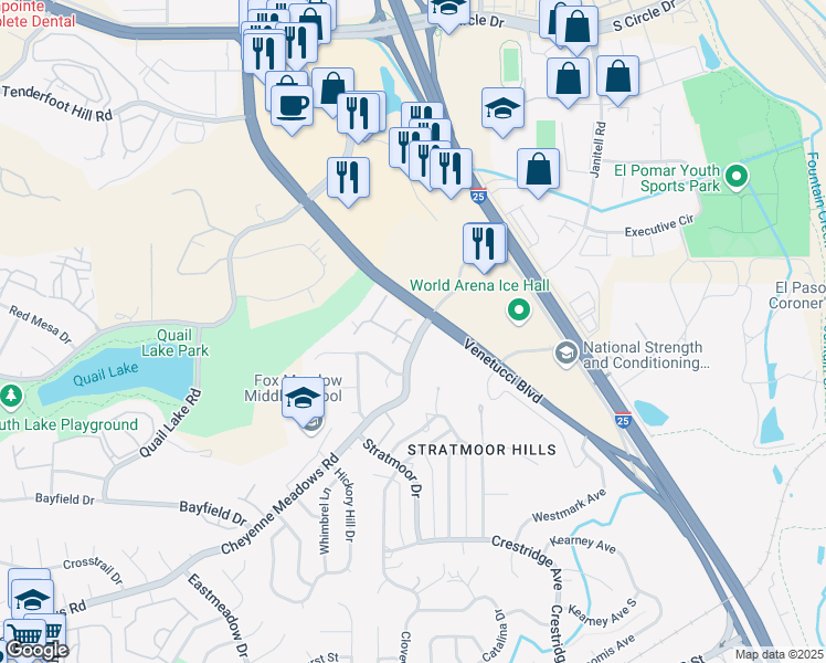 map of restaurants, bars, coffee shops, grocery stores, and more near 3279 Atrium Point in Colorado Springs