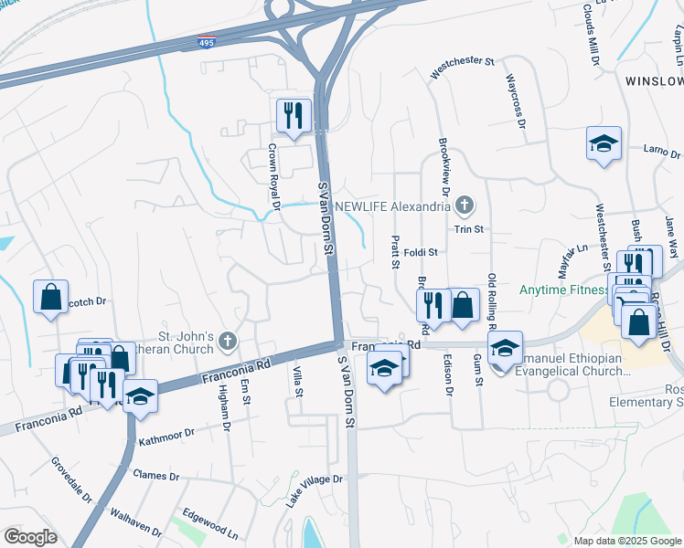 map of restaurants, bars, coffee shops, grocery stores, and more near 6062 Estates Drive in Alexandria