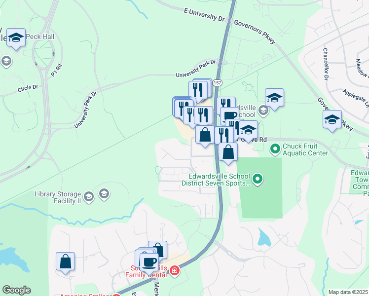 map of restaurants, bars, coffee shops, grocery stores, and more near 15 North Cherry Hills in Edwardsville