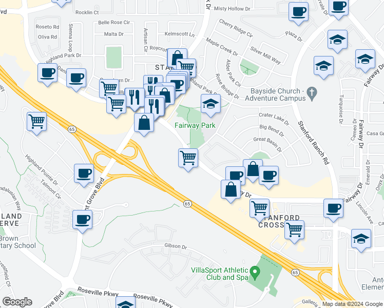 map of restaurants, bars, coffee shops, grocery stores, and more near Fairway Drive & Central Park Drive in Roseville