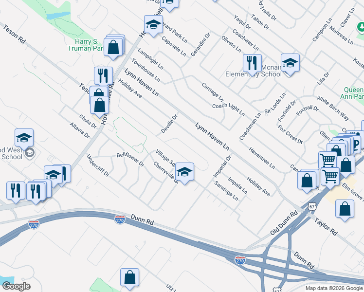 map of restaurants, bars, coffee shops, grocery stores, and more near 731 Riderwood Drive in Hazelwood