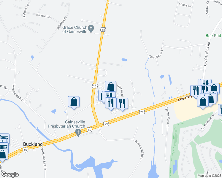 map of restaurants, bars, coffee shops, grocery stores, and more near 7714 Cedar Branch Drive in Gainesville