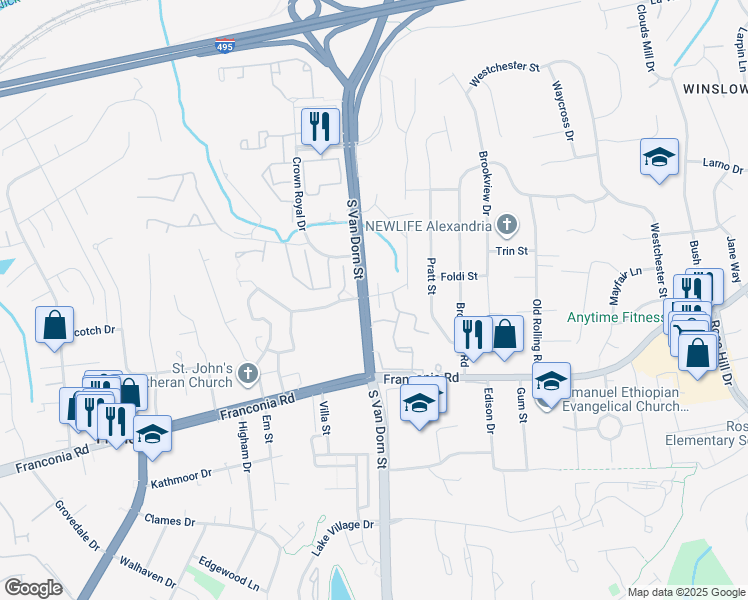 map of restaurants, bars, coffee shops, grocery stores, and more near 6062 Estates Drive in Alexandria