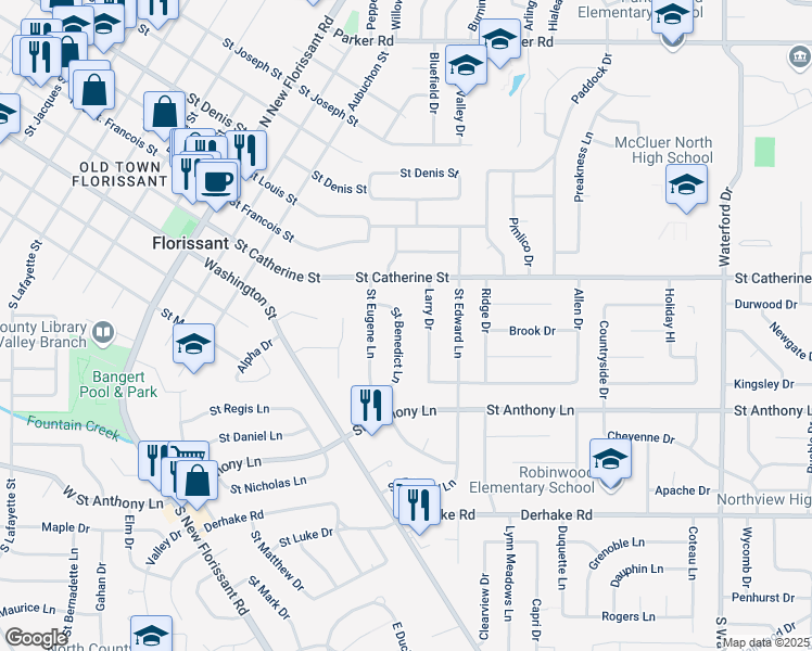map of restaurants, bars, coffee shops, grocery stores, and more near 90 Saint Benedict Lane in Florissant