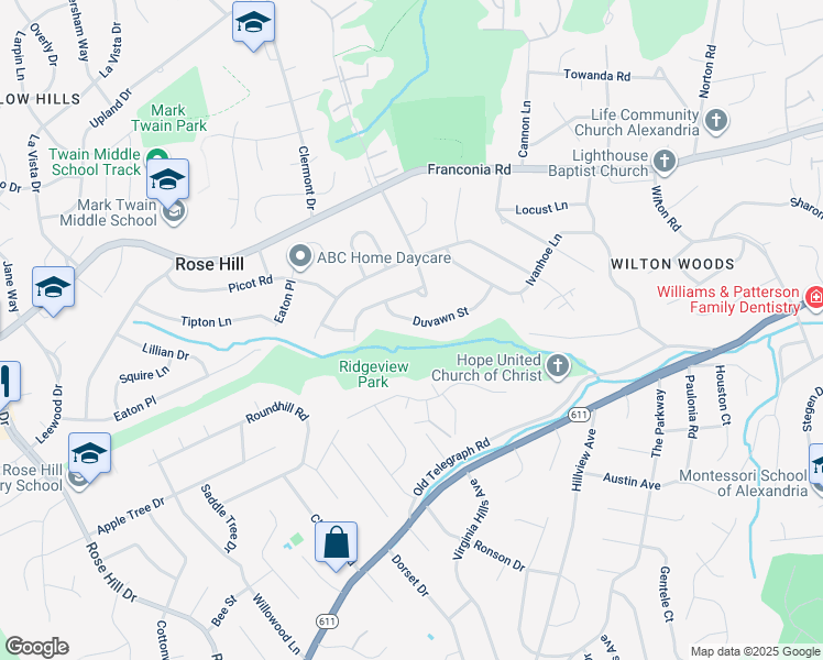 map of restaurants, bars, coffee shops, grocery stores, and more near 4205 Duvawn Street in Alexandria