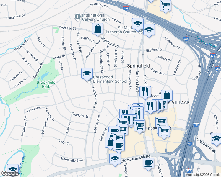 map of restaurants, bars, coffee shops, grocery stores, and more near 6019 Frederick Street in Springfield