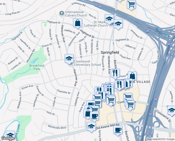 map of restaurants, bars, coffee shops, grocery stores, and more near 6019 Frederick Street in Springfield