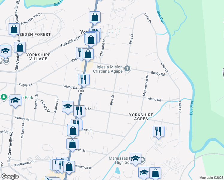 map of restaurants, bars, coffee shops, grocery stores, and more near 8100 Leland Road in Manassas