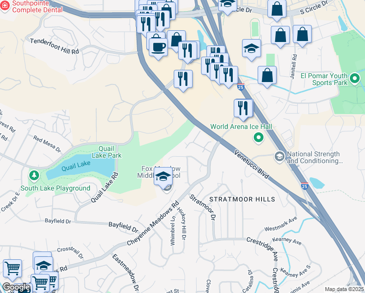 map of restaurants, bars, coffee shops, grocery stores, and more near 1528 Courtyard Heights in Colorado Springs