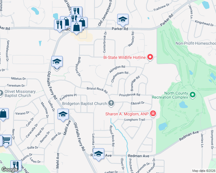map of restaurants, bars, coffee shops, grocery stores, and more near 5147 Abington Road in Florissant