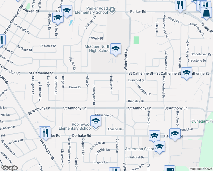 map of restaurants, bars, coffee shops, grocery stores, and more near 2760 Countryside Drive in Florissant